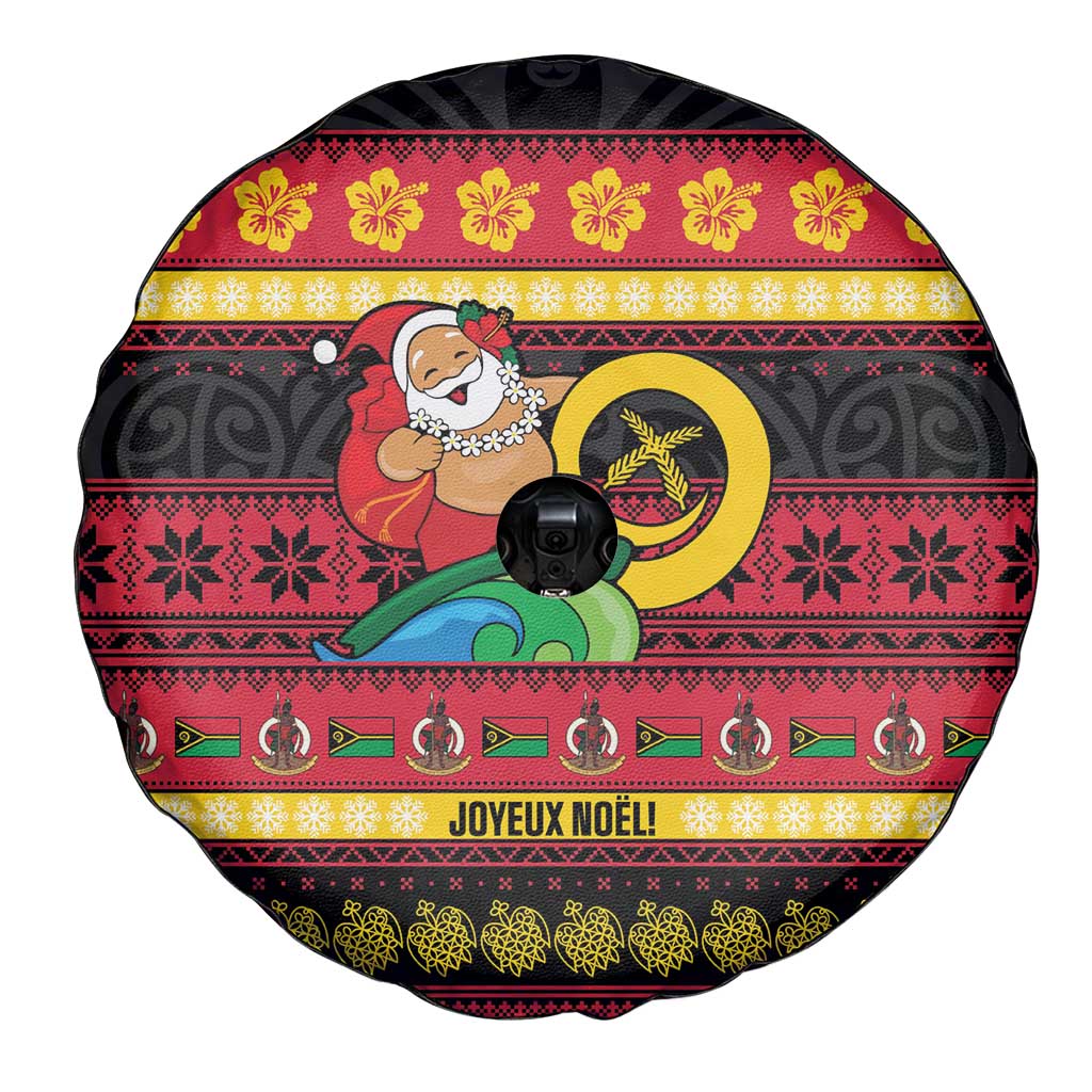 Vanuatu Christmas Spare Tire Cover Joyeux Noel Surfing Santa With Boar Tusk - Polynesian Pride
