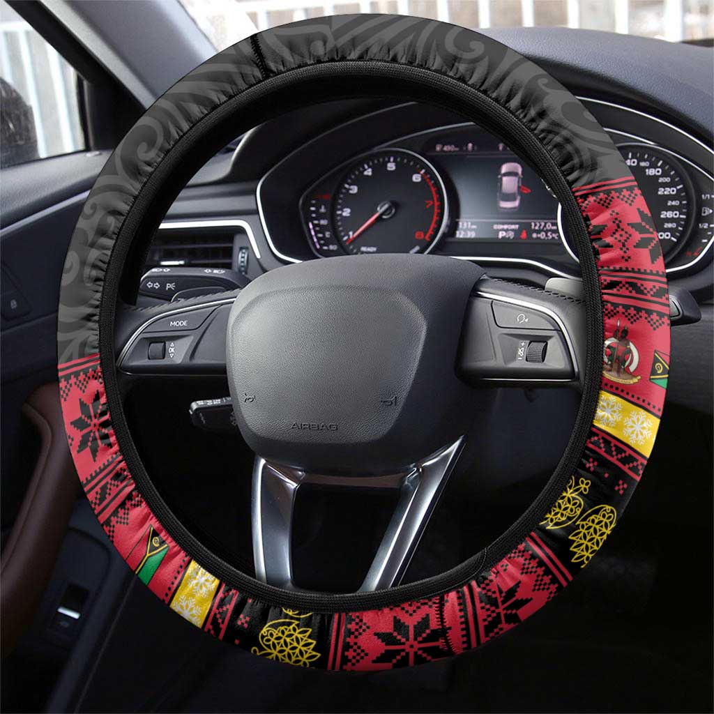 Vanuatu Christmas Steering Wheel Cover Joyeux Noel Surfing Santa With Boar Tusk - Polynesian Pride