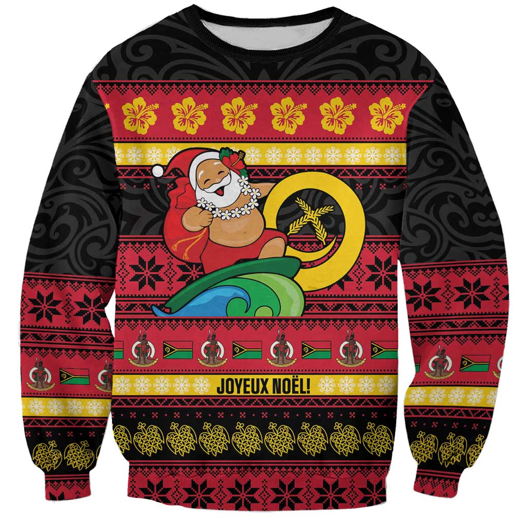 Vanuatu Christmas Sweatshirt Joyeux Noel Surfing Santa With Boar Tusk - Polynesian Pride
