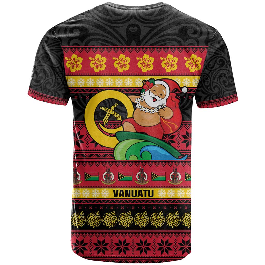 Vanuatu Christmas T Shirt Joyeux Noel Surfing Santa With Boar Tusk - Polynesian Pride