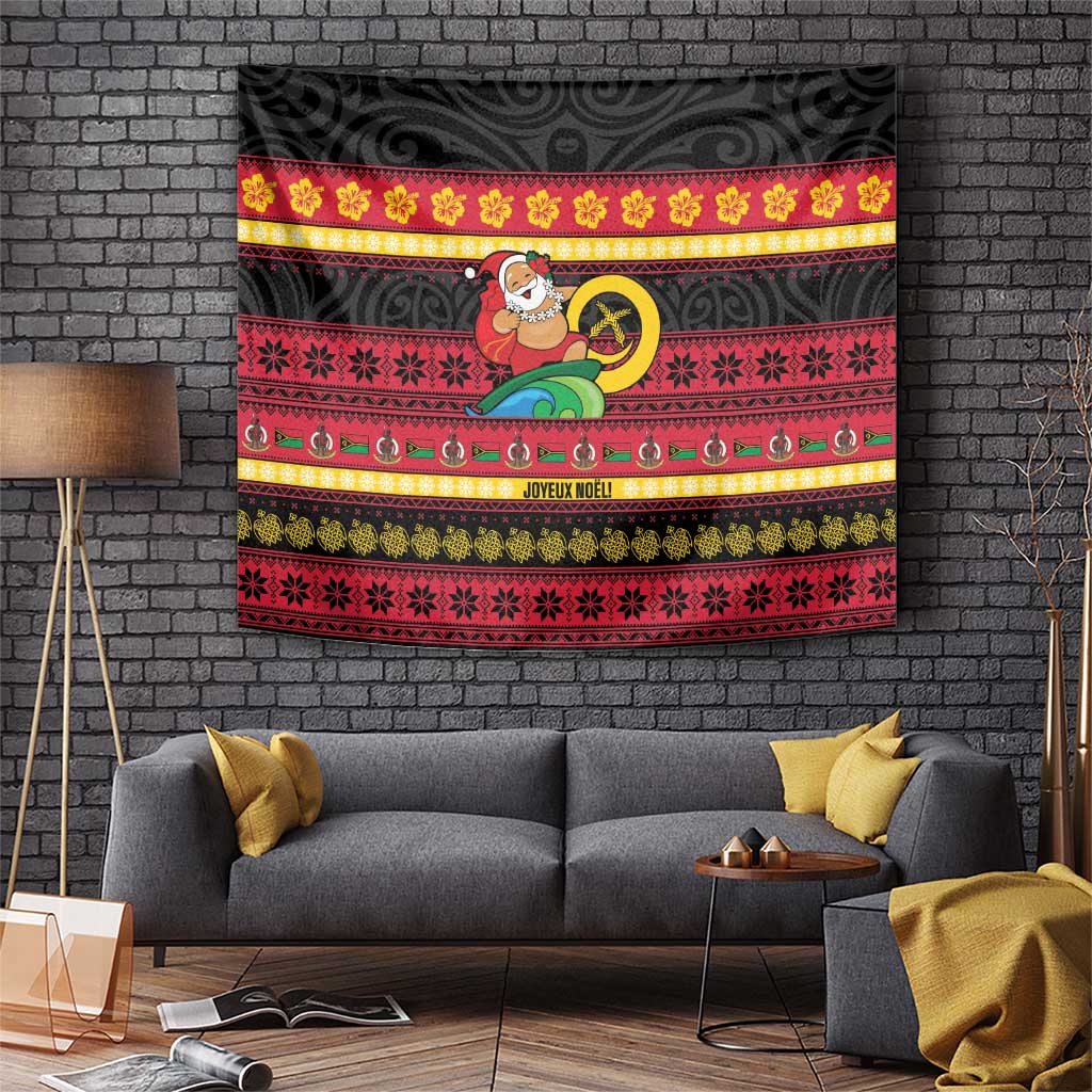 Vanuatu Christmas Tapestry Joyeux Noel Surfing Santa With Boar Tusk LT14 Red - Polynesian Pride