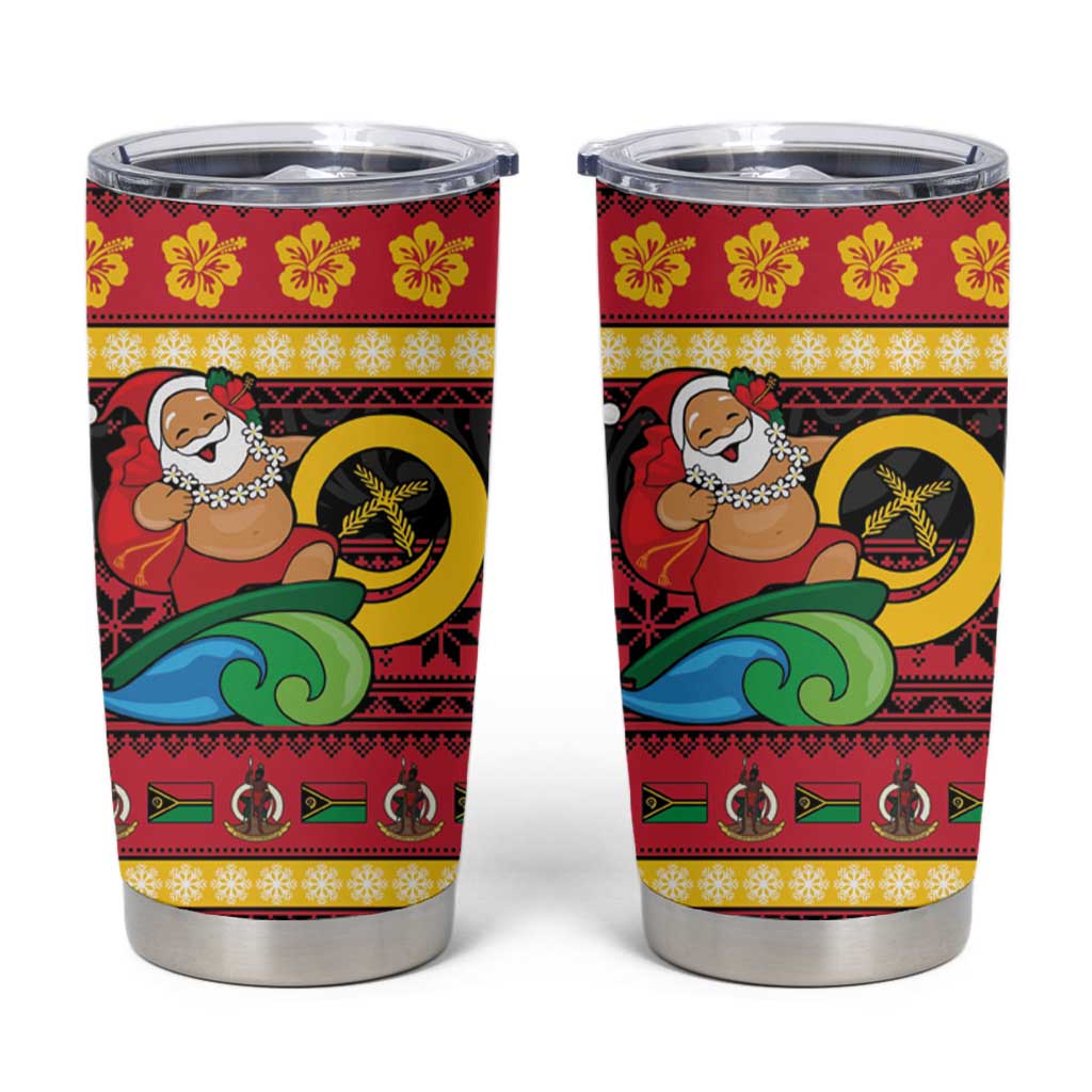 Vanuatu Christmas Tumbler Cup Joyeux Noel Surfing Santa With Boar Tusk - Polynesian Pride