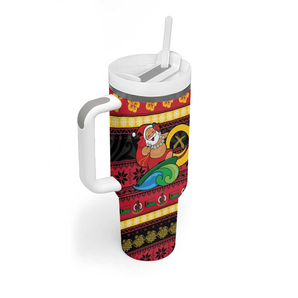 Vanuatu Christmas Tumbler With Handle Joyeux Noel Surfing Santa With Boar Tusk - Polynesian Pride