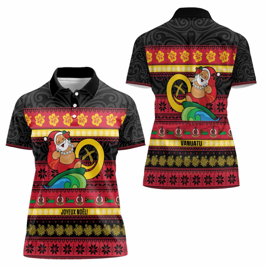 Vanuatu Christmas Women Polo Shirt Joyeux Noel Surfing Santa With Boar Tusk - Polynesian Pride