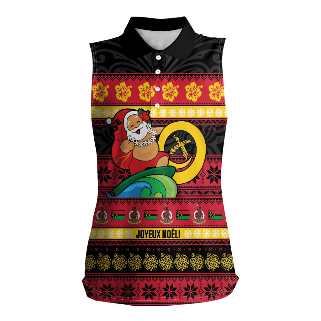 Vanuatu Christmas Women Sleeveless Polo Shirt Joyeux Noel Surfing Santa With Boar Tusk - Polynesian Pride