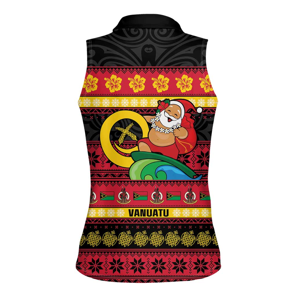 Vanuatu Christmas Women Sleeveless Polo Shirt Joyeux Noel Surfing Santa With Boar Tusk - Polynesian Pride