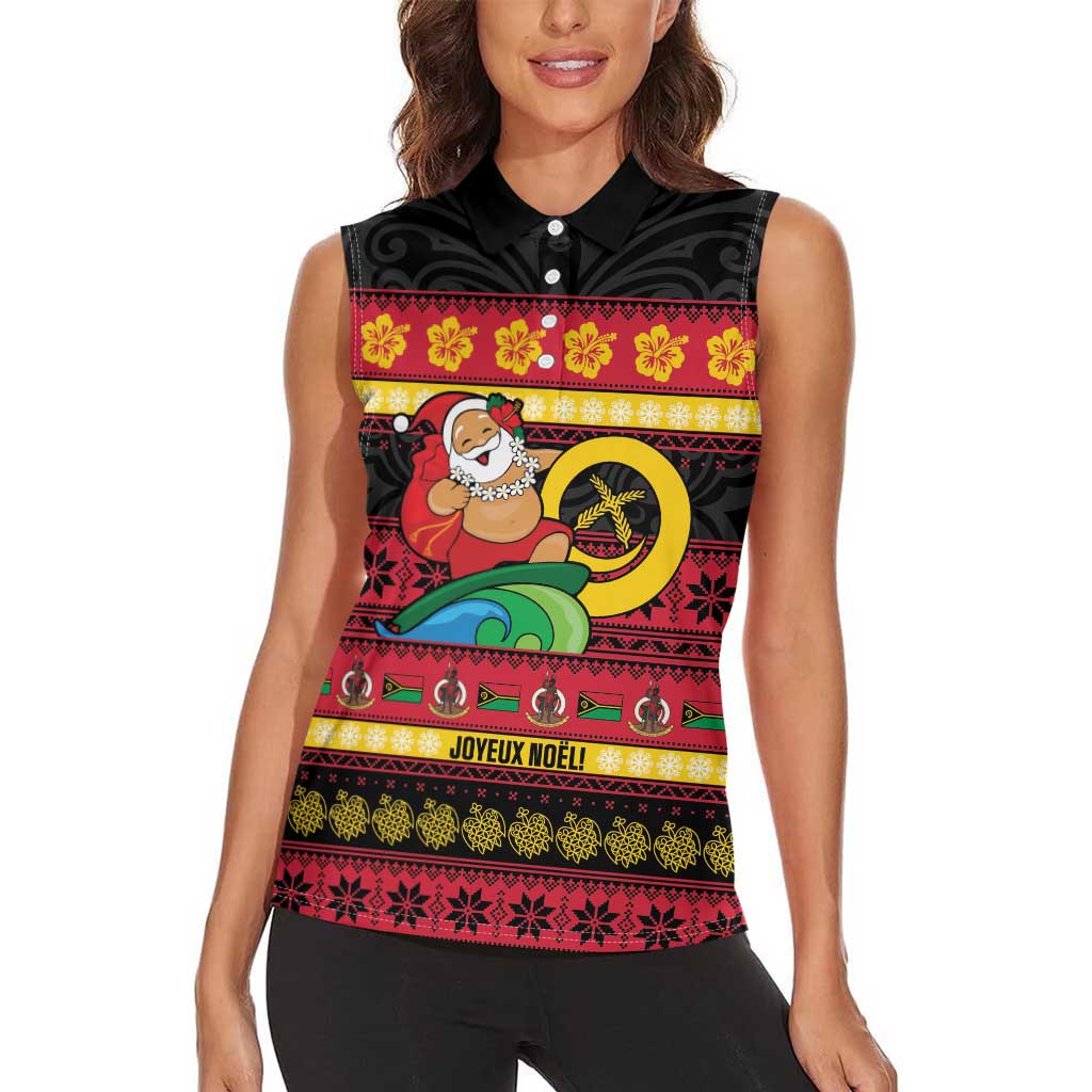 Vanuatu Christmas Women Sleeveless Polo Shirt Joyeux Noel Surfing Santa With Boar Tusk - Polynesian Pride