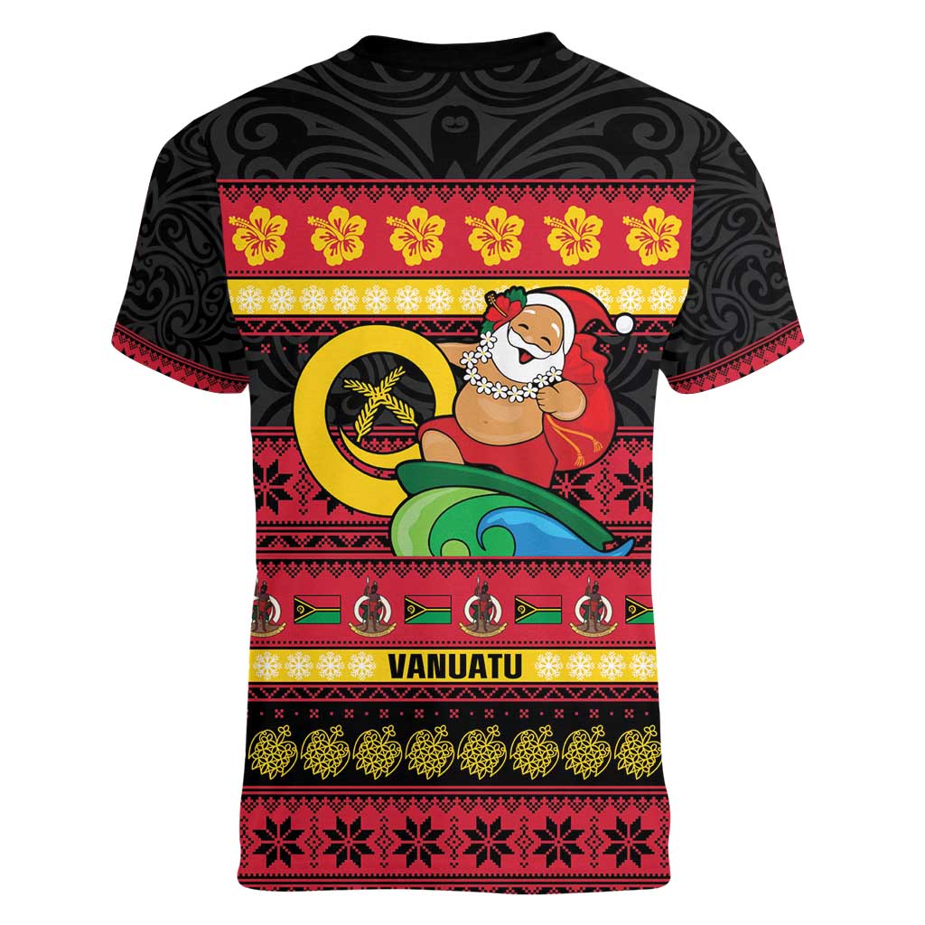 Vanuatu Christmas Women V-Neck T-Shirt Joyeux Noel Surfing Santa With Boar Tusk - Polynesian Pride