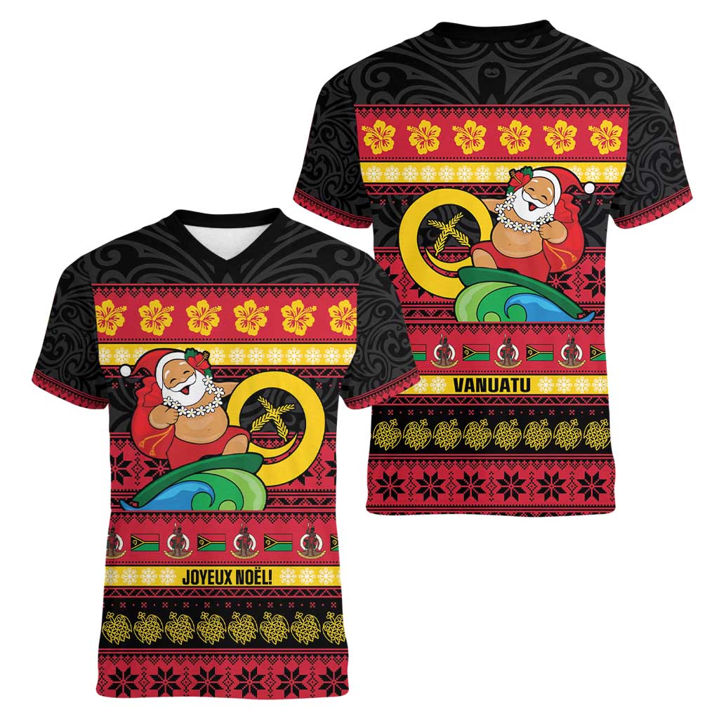 Vanuatu Christmas Women V-Neck T-Shirt Joyeux Noel Surfing Santa With Boar Tusk - Polynesian Pride