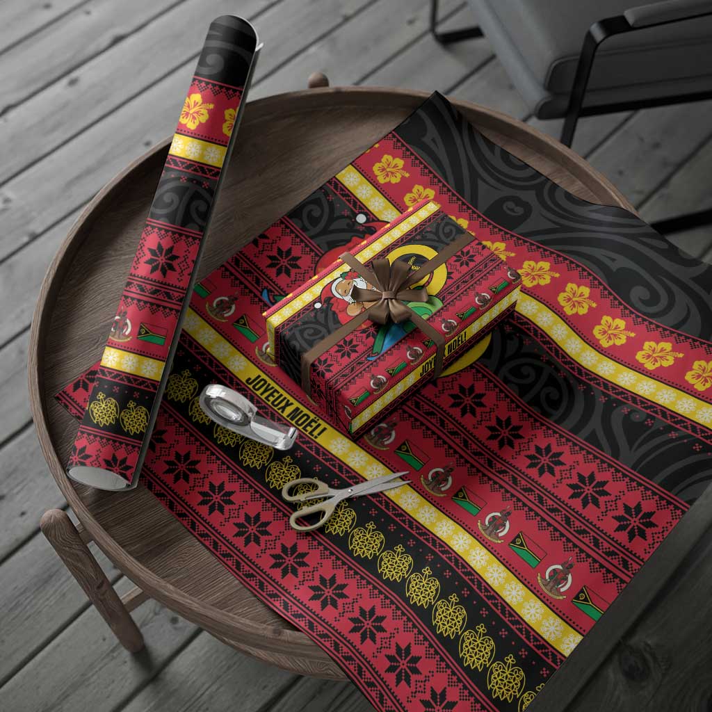 Vanuatu Christmas Wrapping Paper Joyeux Noel Surfing Santa With Boar Tusk - Polynesian Pride