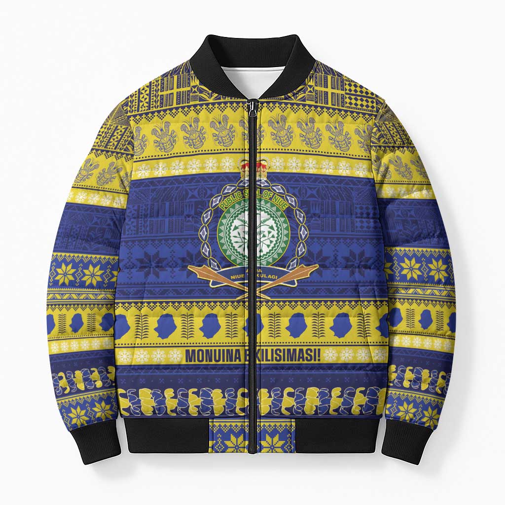 Niue Christmas Bomber Puffer Jacket Monuina e Kilisimasi Hiapo Motifs LT14 Unisex Blue - Polynesian Pride