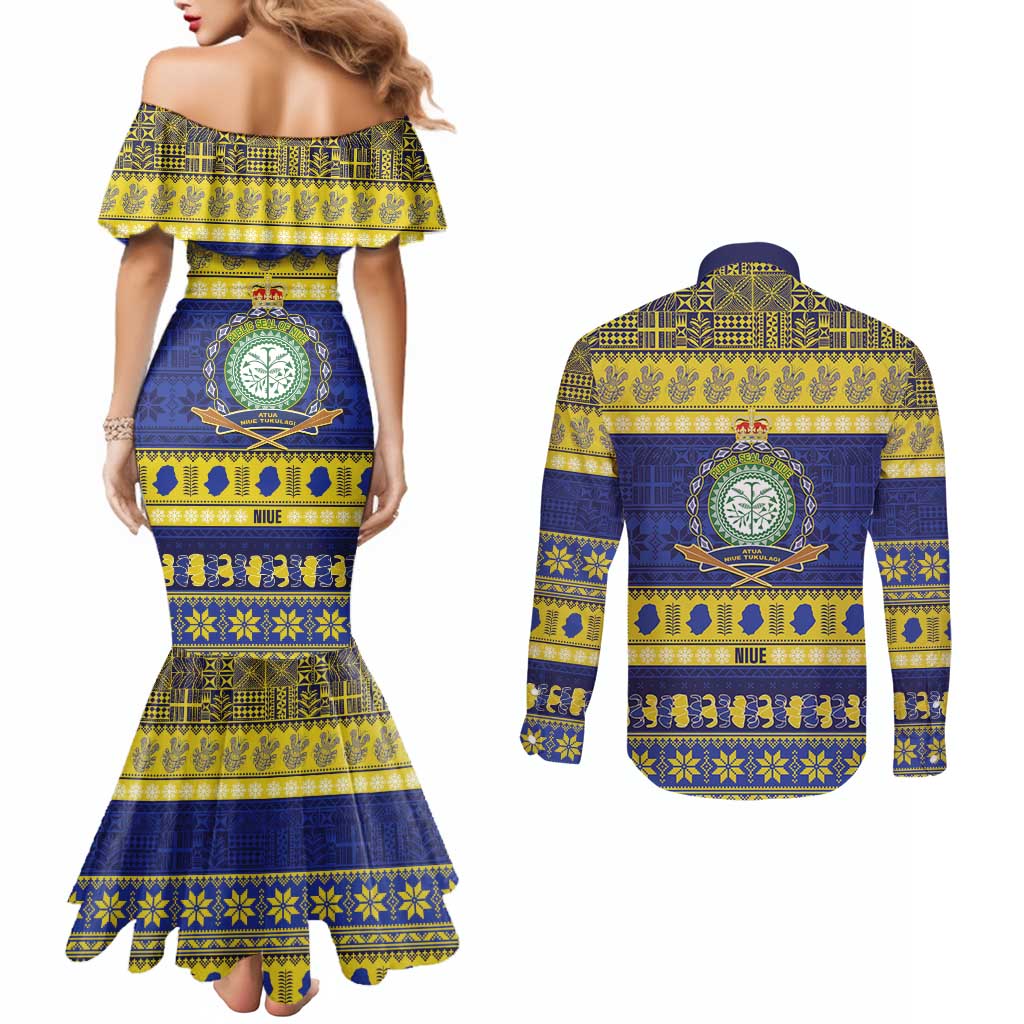 Niue Christmas Couples Matching Mermaid Dress and Long Sleeve Button Shirt Monuina e Kilisimasi Hiapo Motifs - Polynesian Pride