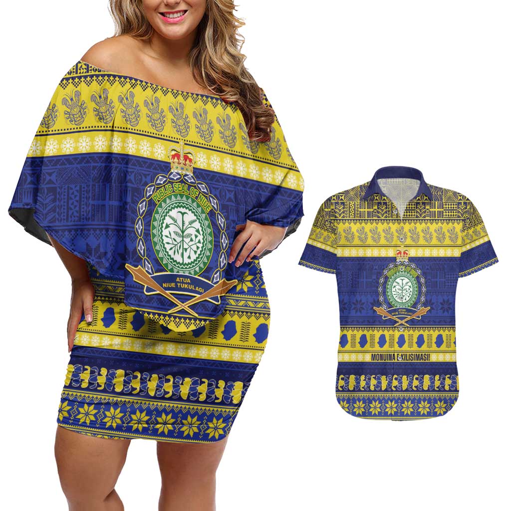 Niue Christmas Couples Matching Off Shoulder Short Dress and Hawaiian Shirt Monuina e Kilisimasi Hiapo Motifs - Polynesian Pride