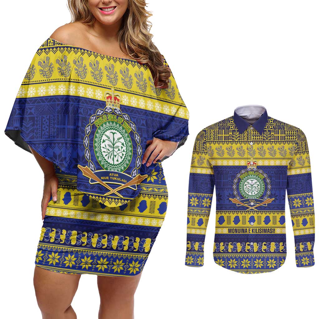 Niue Christmas Couples Matching Off Shoulder Short Dress and Long Sleeve Button Shirt Monuina e Kilisimasi Hiapo Motifs - Polynesian Pride