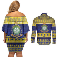 Niue Christmas Couples Matching Off Shoulder Short Dress and Long Sleeve Button Shirt Monuina e Kilisimasi Hiapo Motifs - Polynesian Pride