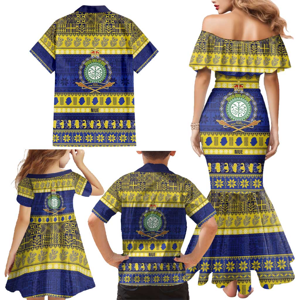 Niue Christmas Family Matching Mermaid Dress and Hawaiian Shirt Monuina e Kilisimasi Hiapo Motifs - Polynesian Pride