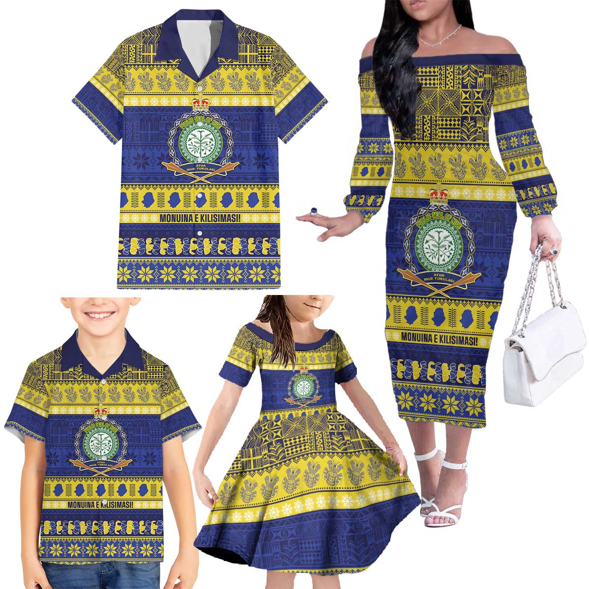 Niue Christmas Family Matching Off The Shoulder Long Sleeve Dress and Hawaiian Shirt Monuina e Kilisimasi Hiapo Motifs - Polynesian Pride