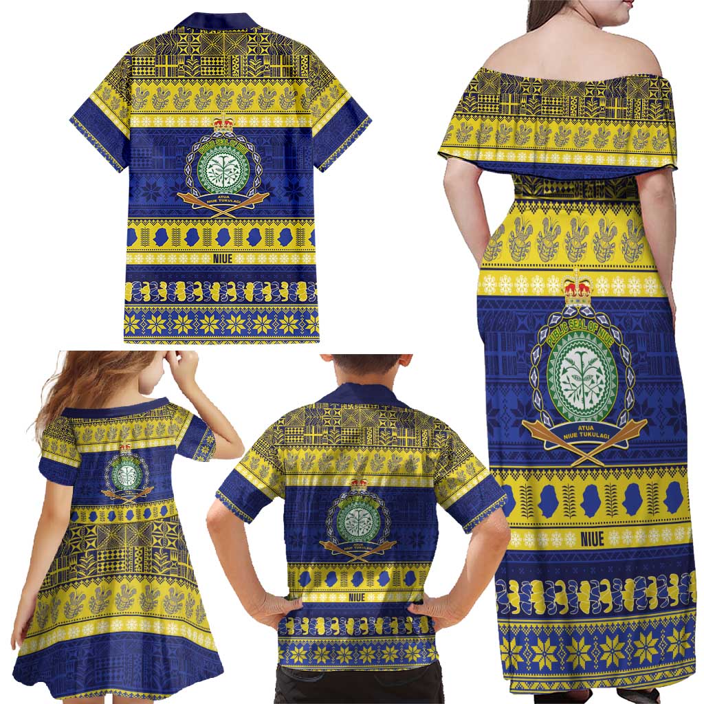 Niue Christmas Family Matching Off Shoulder Maxi Dress and Hawaiian Shirt Monuina e Kilisimasi Hiapo Motifs - Polynesian Pride