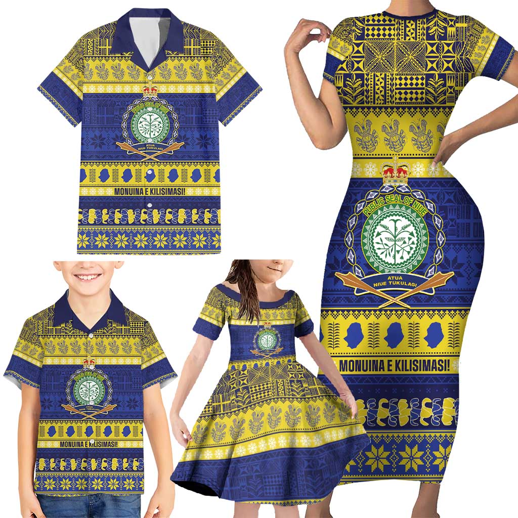 Niue Christmas Family Matching Short Sleeve Bodycon Dress and Hawaiian Shirt Monuina e Kilisimasi Hiapo Motifs - Polynesian Pride