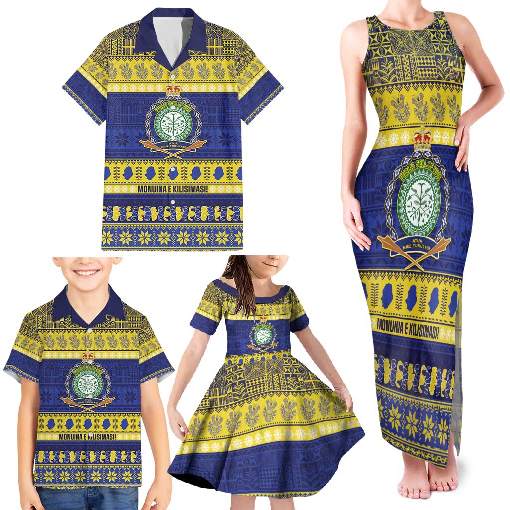 Niue Christmas Family Matching Tank Maxi Dress and Hawaiian Shirt Monuina e Kilisimasi Hiapo Motifs - Polynesian Pride