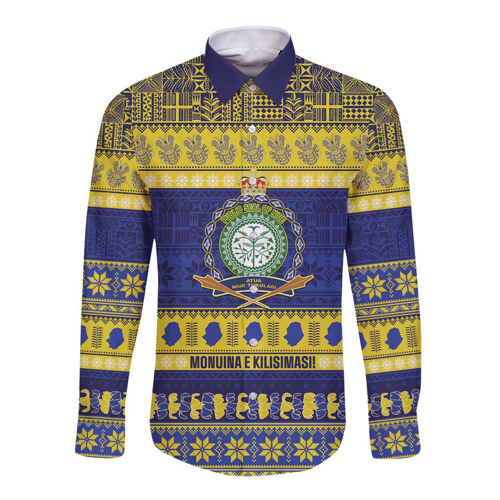 Niue Christmas Long Sleeve Button Shirt Monuina e Kilisimasi Hiapo Motifs LT14 Unisex Blue - Polynesian Pride