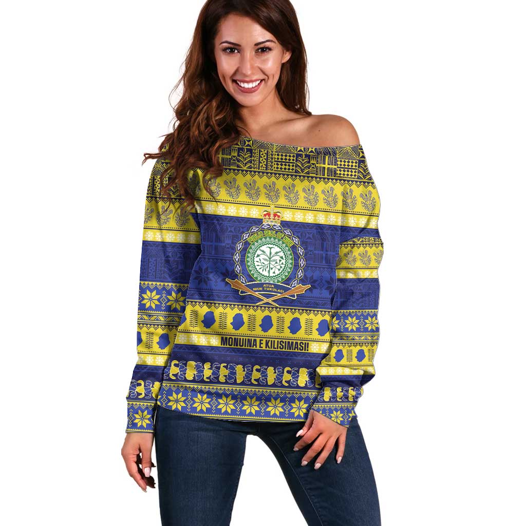 Niue Christmas Off Shoulder Sweater Monuina e Kilisimasi Hiapo Motifs - Polynesian Pride