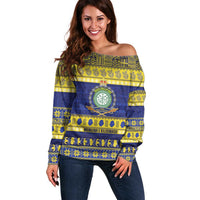Niue Christmas Off Shoulder Sweater Monuina e Kilisimasi Hiapo Motifs - Polynesian Pride