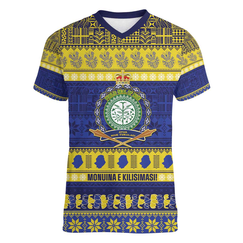 Niue Christmas Women V-Neck T-Shirt Monuina e Kilisimasi Hiapo Motifs - Polynesian Pride