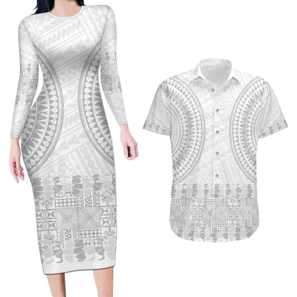 Niue White Sunday Couples Matching Long Sleeve Bodycon Dress and Hawaiian Shirt Tapu Fanau Ia Puakenikeni Hiapo Pattern - Polynesian Pride