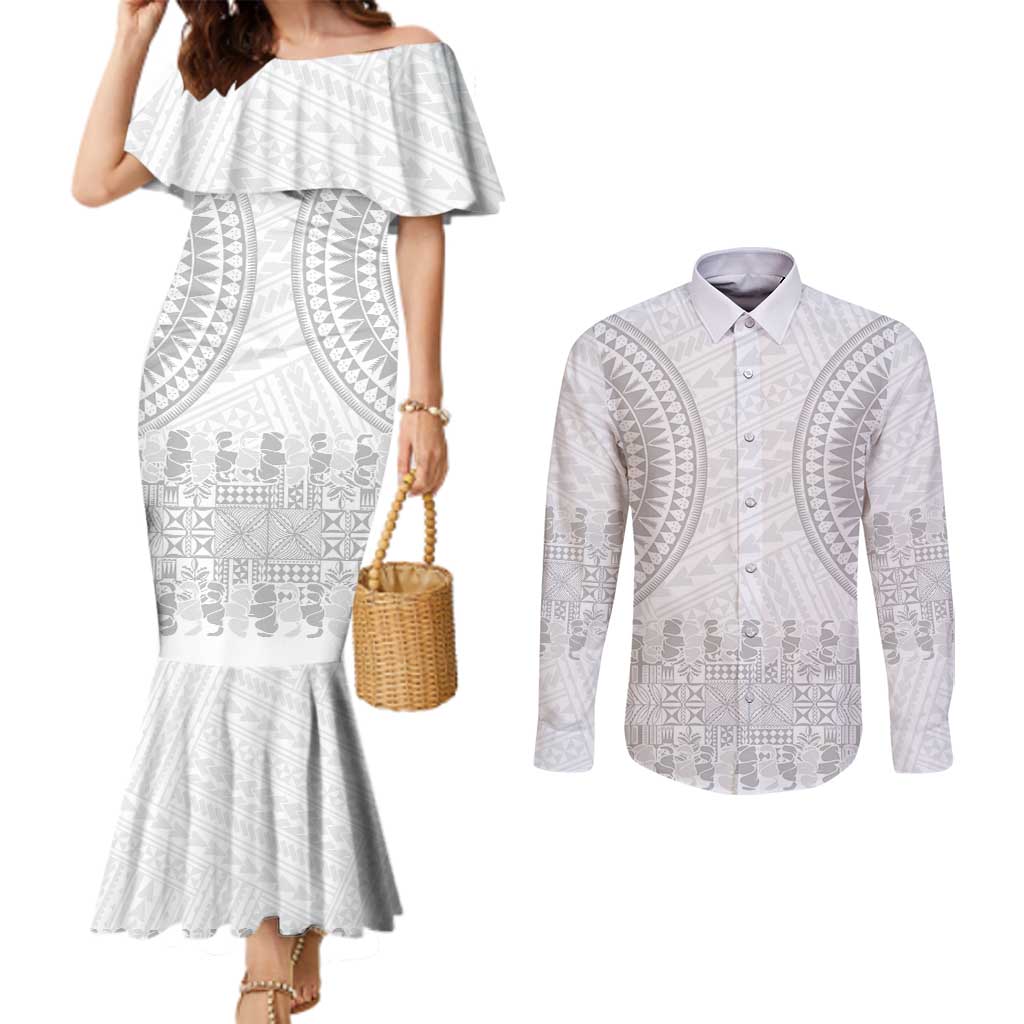 Niue White Sunday Couples Matching Mermaid Dress and Long Sleeve Button Shirt Tapu Fanau Ia Puakenikeni Hiapo Pattern - Polynesian Pride