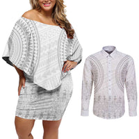 Niue White Sunday Couples Matching Off Shoulder Short Dress and Long Sleeve Button Shirt Tapu Fanau Ia Puakenikeni Hiapo Pattern - Polynesian Pride