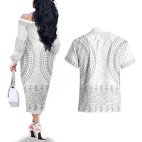Niue White Sunday Couples Matching Off The Shoulder Long Sleeve Dress and Hawaiian Shirt Tapu Fanau Ia Puakenikeni Hiapo Pattern - Polynesian Pride