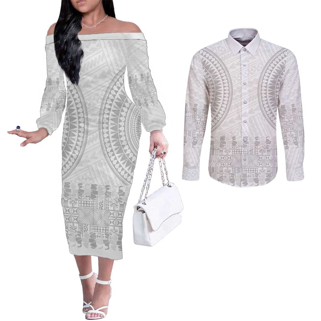 Niue White Sunday Couples Matching Off The Shoulder Long Sleeve Dress and Long Sleeve Button Shirt Tapu Fanau Ia Puakenikeni Hiapo Pattern - Polynesian Pride