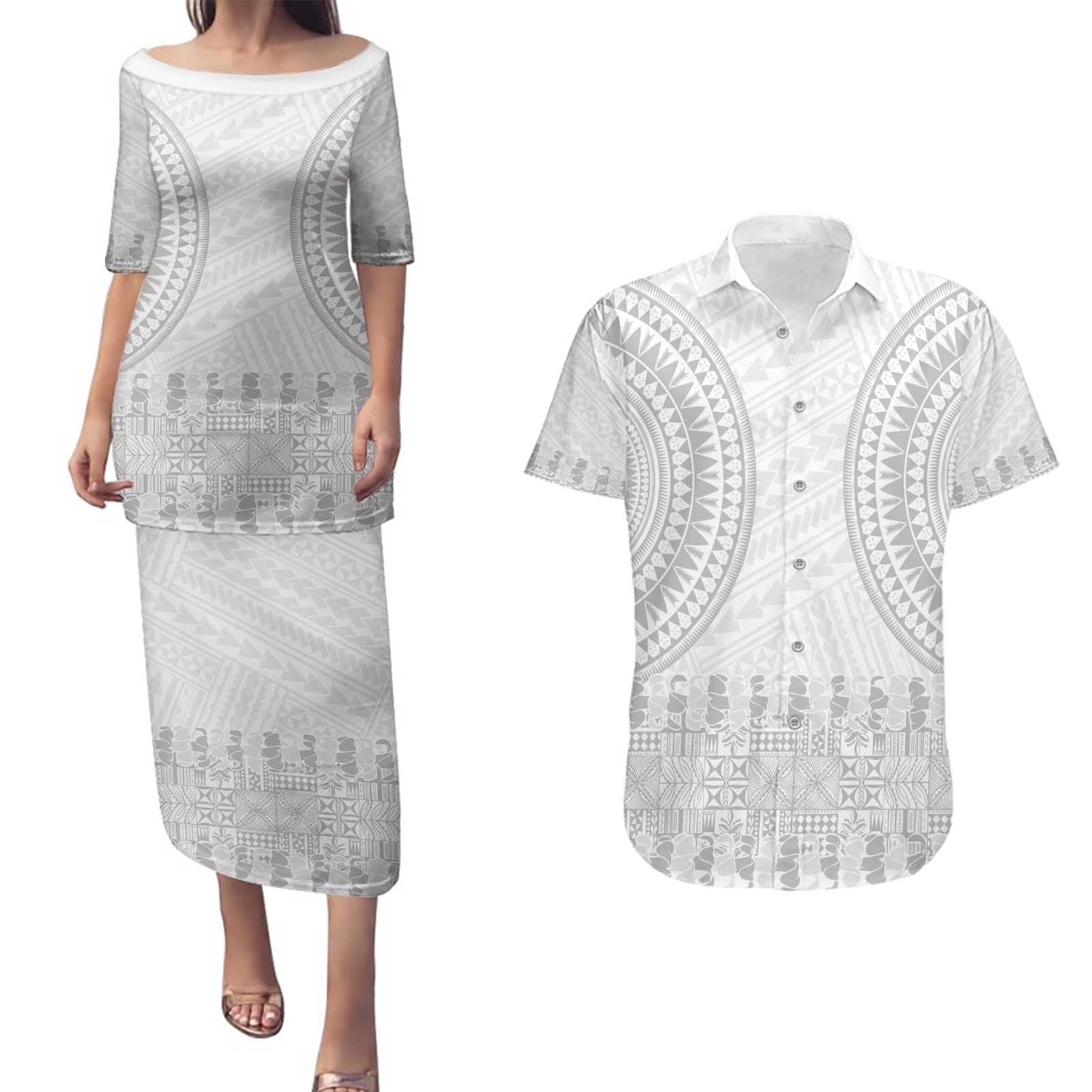 Niue White Sunday Couples Matching Puletasi and Hawaiian Shirt Tapu Fanau Ia Puakenikeni Hiapo Pattern - Polynesian Pride