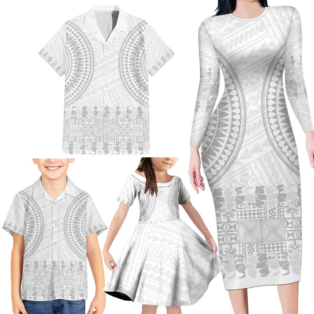 Niue White Sunday Family Matching Long Sleeve Bodycon Dress and Hawaiian Shirt Tapu Fanau Ia Puakenikeni Hiapo Pattern - Polynesian Pride
