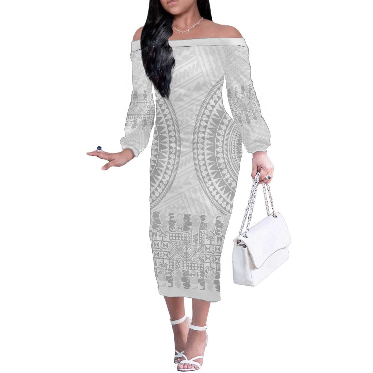 Niue White Sunday Family Matching Off The Shoulder Long Sleeve Dress and Hawaiian Shirt Tapu Fanau Ia Puakenikeni Hiapo Pattern - Polynesian Pride