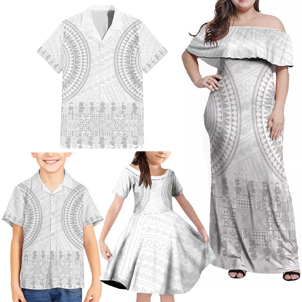Niue White Sunday Family Matching Off Shoulder Maxi Dress and Hawaiian Shirt Tapu Fanau Ia Puakenikeni Hiapo Pattern - Polynesian Pride