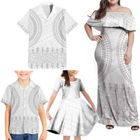 Niue White Sunday Family Matching Off Shoulder Maxi Dress and Hawaiian Shirt Tapu Fanau Ia Puakenikeni Hiapo Pattern - Polynesian Pride