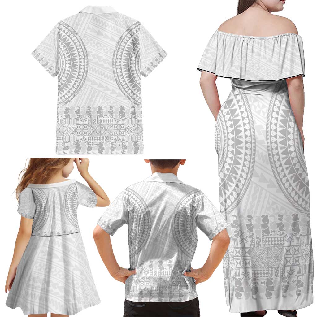 Niue White Sunday Family Matching Off Shoulder Maxi Dress and Hawaiian Shirt Tapu Fanau Ia Puakenikeni Hiapo Pattern - Polynesian Pride