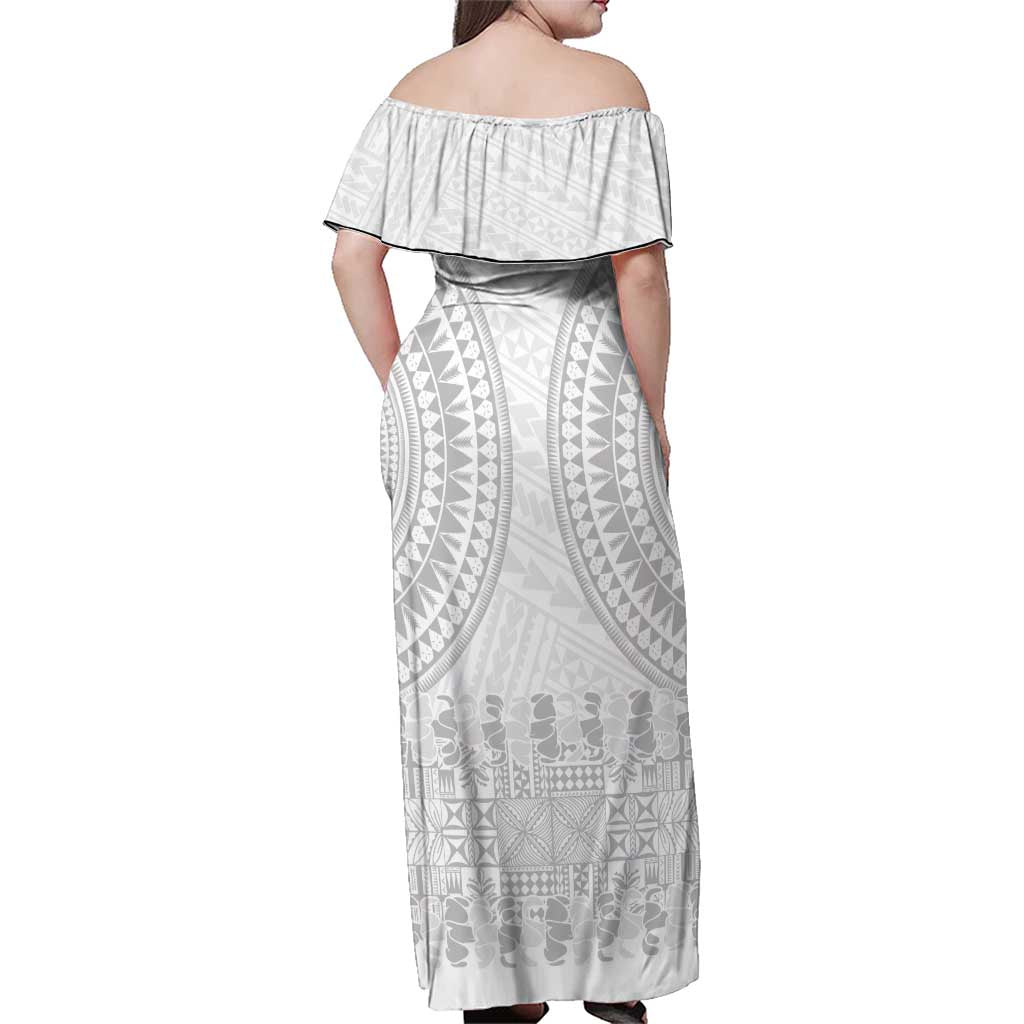 Niue White Sunday Family Matching Off Shoulder Maxi Dress and Hawaiian Shirt Tapu Fanau Ia Puakenikeni Hiapo Pattern - Polynesian Pride