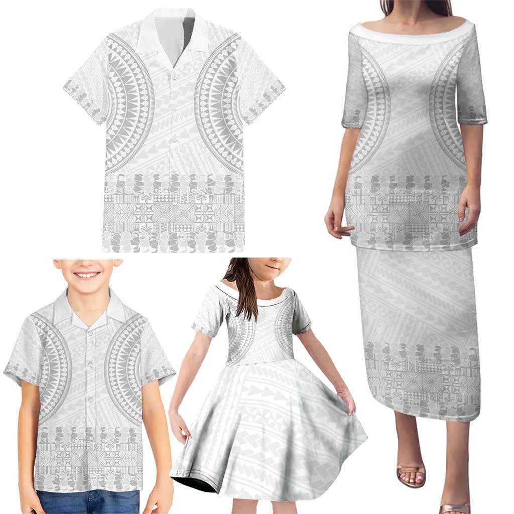 Niue White Sunday Family Matching Puletasi and Hawaiian Shirt Tapu Fanau Ia Puakenikeni Hiapo Pattern - Polynesian Pride