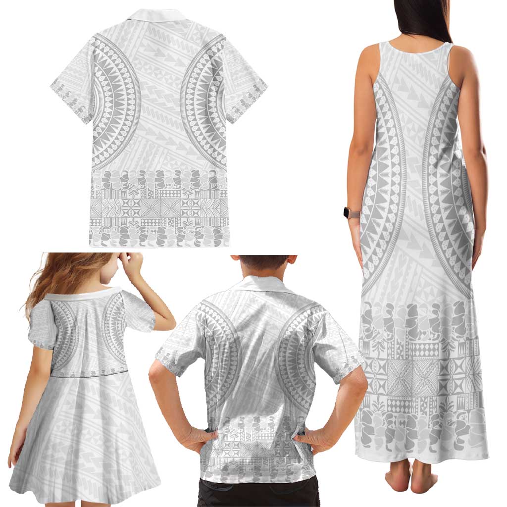 Niue White Sunday Family Matching Tank Maxi Dress and Hawaiian Shirt Tapu Fanau Ia Puakenikeni Hiapo Pattern - Polynesian Pride