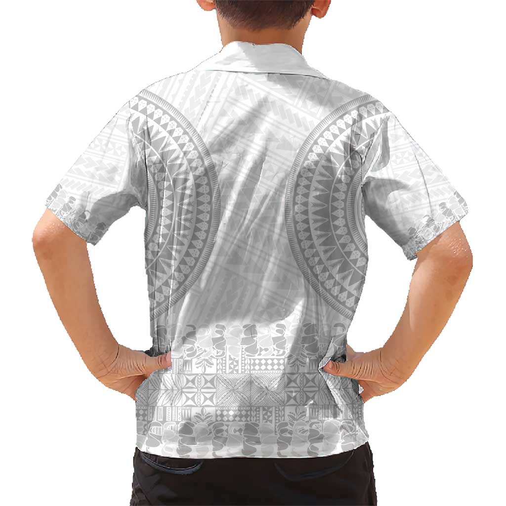 Niue White Sunday Kid Hawaiian Shirt Tapu Fanau Ia Puakenikeni Hiapo Pattern - Polynesian Pride