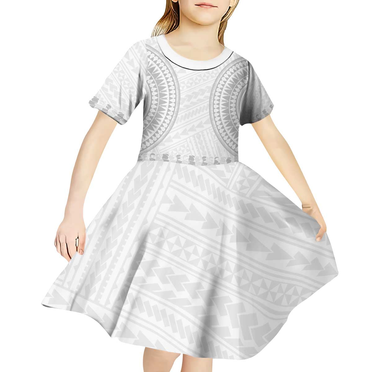 Niue White Sunday Kid Short Sleeve Dress Tapu Fanau Ia Puakenikeni Hiapo Pattern - Polynesian Pride
