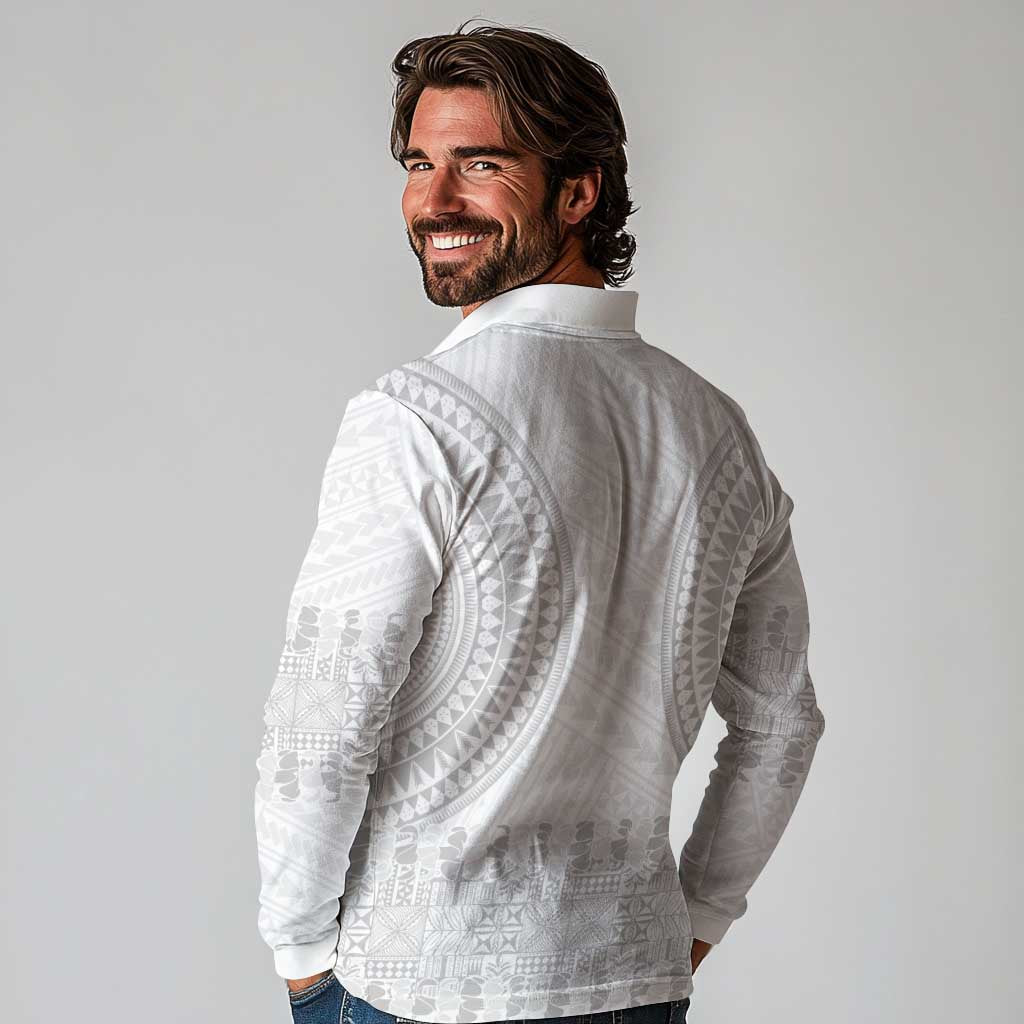Niue White Sunday Long Sleeve Polo Shirt Tapu Fanau Ia Puakenikeni Hiapo Pattern - Polynesian Pride
