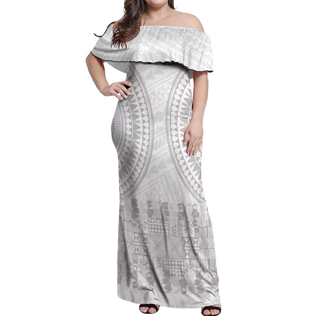 Niue White Sunday Off Shoulder Maxi Dress Tapu Fanau Ia Puakenikeni Hiapo Pattern - Polynesian Pride