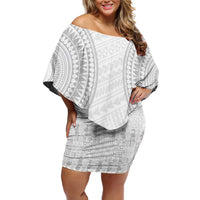 Niue White Sunday Off Shoulder Short Dress Tapu Fanau Ia Puakenikeni Hiapo Pattern - Polynesian Pride