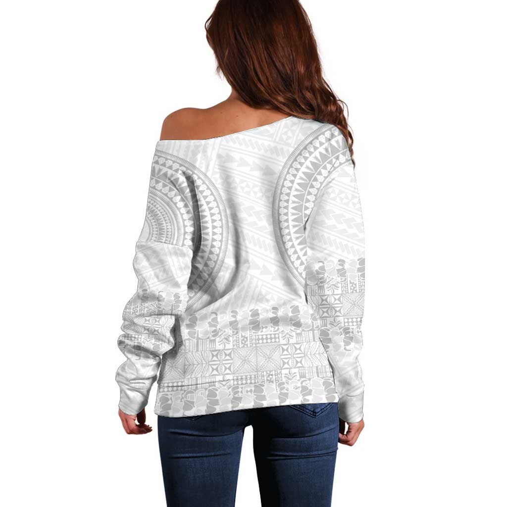 Niue White Sunday Off Shoulder Sweater Tapu Fanau Ia Puakenikeni Hiapo Pattern - Polynesian Pride