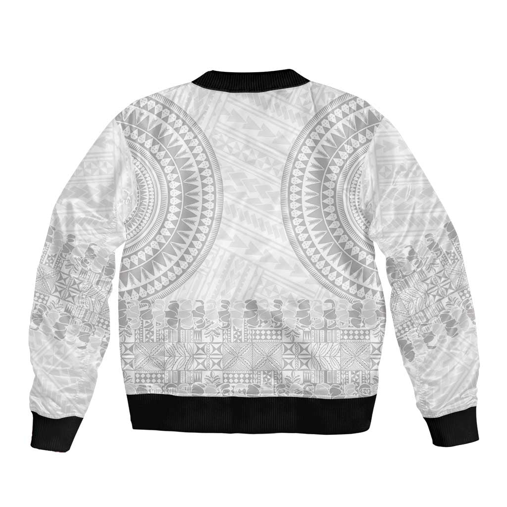 Niue White Sunday Sleeve Zip Bomber Jacket Tapu Fanau Ia Puakenikeni Hiapo Pattern - Polynesian Pride