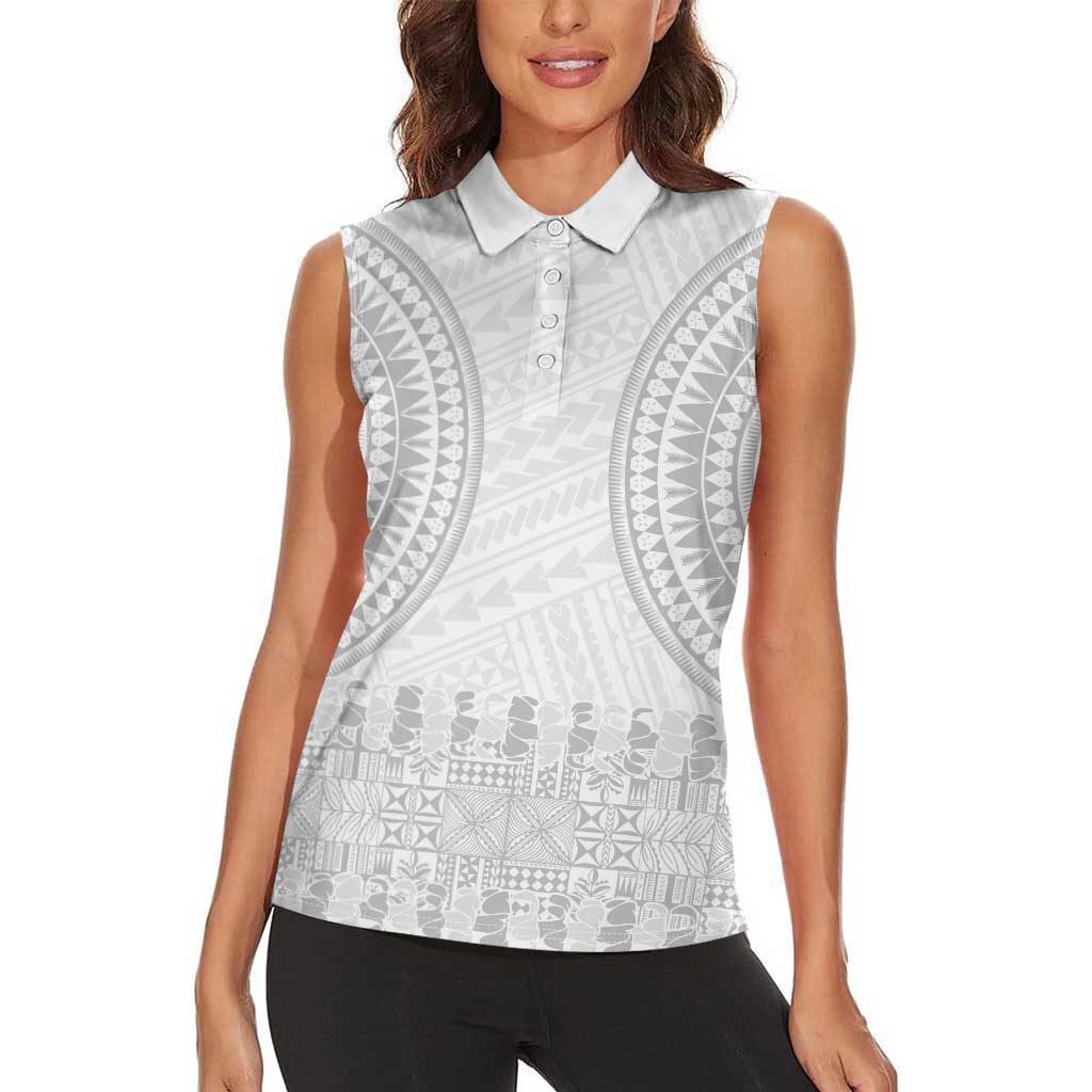 Niue White Sunday Women Sleeveless Polo Shirt Tapu Fanau Ia Puakenikeni Hiapo Pattern - Polynesian Pride